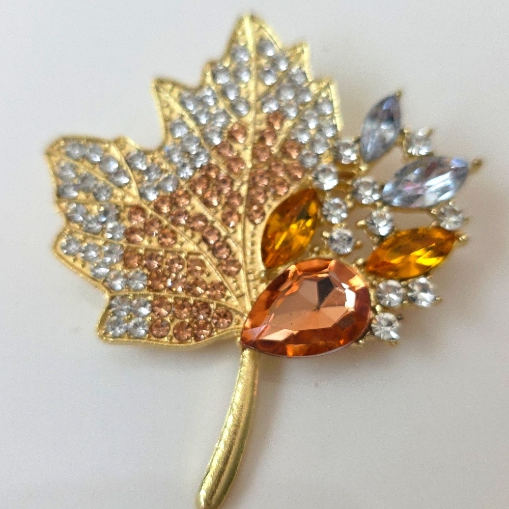 Maple Leaf Fall Brooch Bejeweled with Simulated Gems